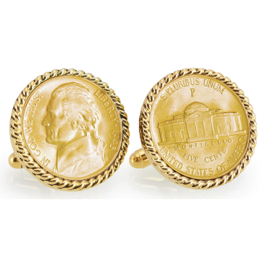 Gold-Layered Silver Jefferson Nickel Wartime Nickel Goldtone Rope Bezel Coin Cuff Links Image 1