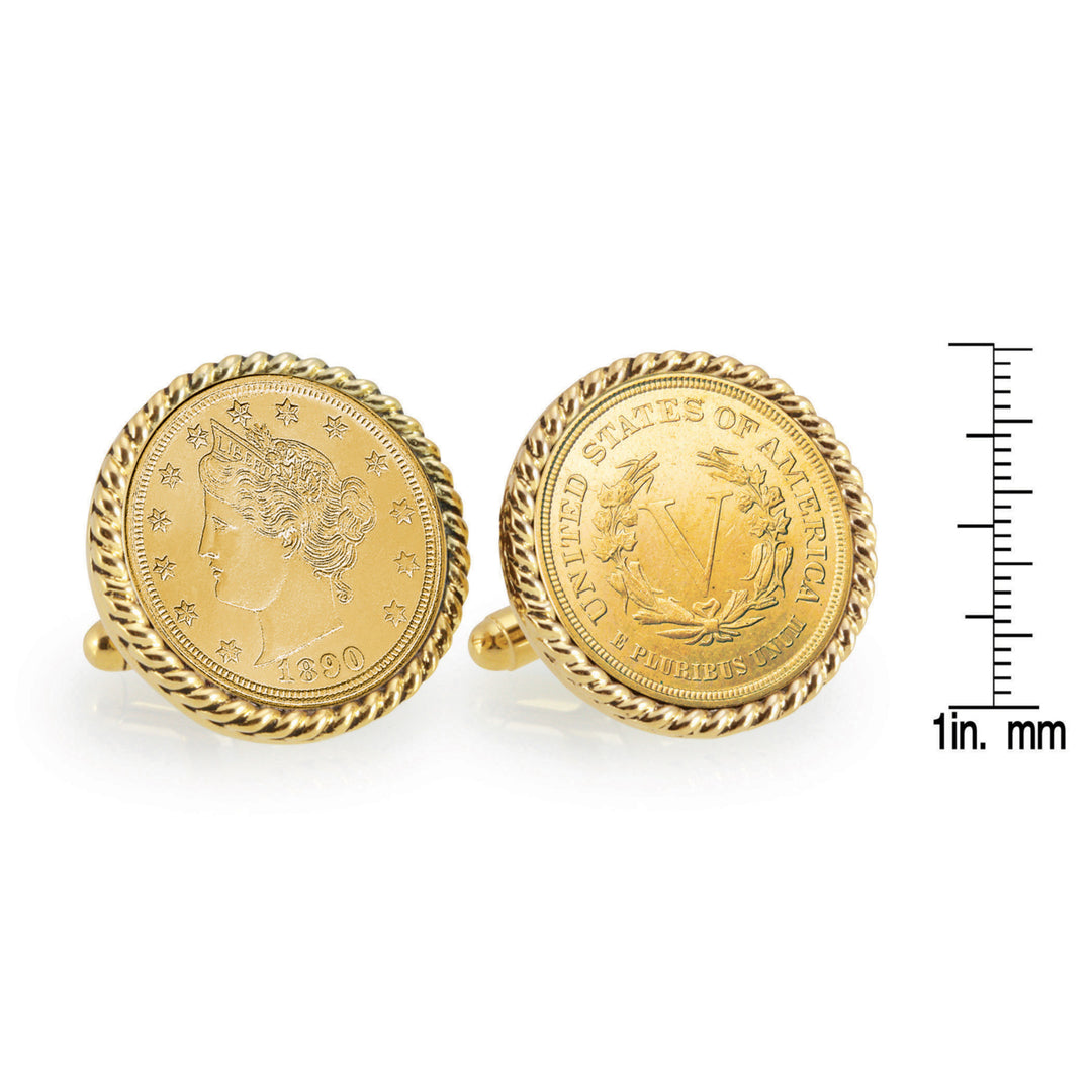 Gold-Layered 1800s Liberty Nickel Goldtone Rope Bezel Coin Cuff Links Image 4