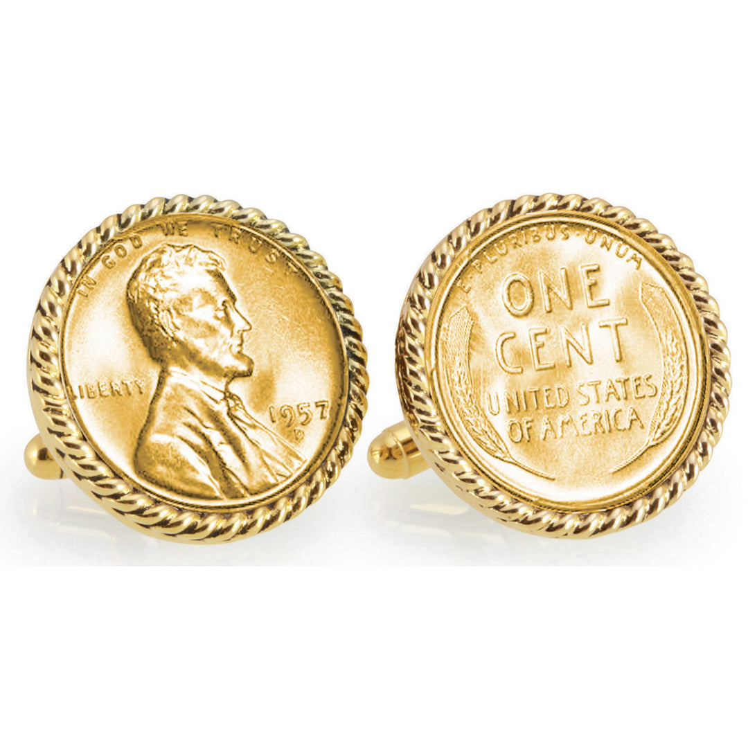 Gold-Layered Lincoln Wheat-Ear Penny Cuff Goldtone Rope Bezel Coin Cuff Links Image 1