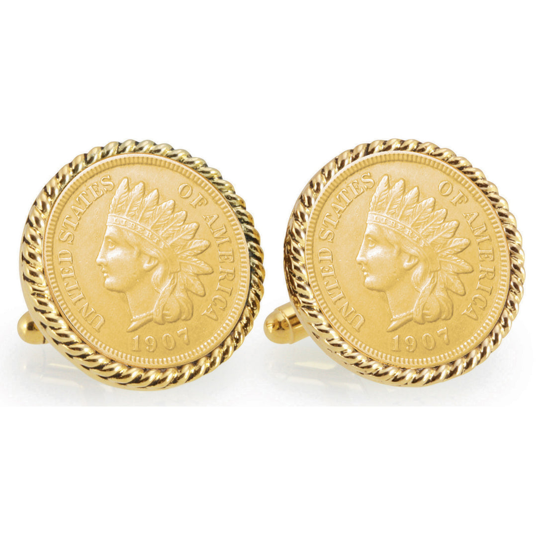 Gold-Layered Indian Head Penny Goldtone Rope Bezel Coin Cuff Links Image 1