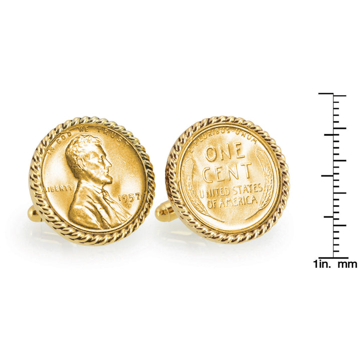 Gold-Layered Lincoln Wheat-Ear Penny Cuff Goldtone Rope Bezel Coin Cuff Links Image 4