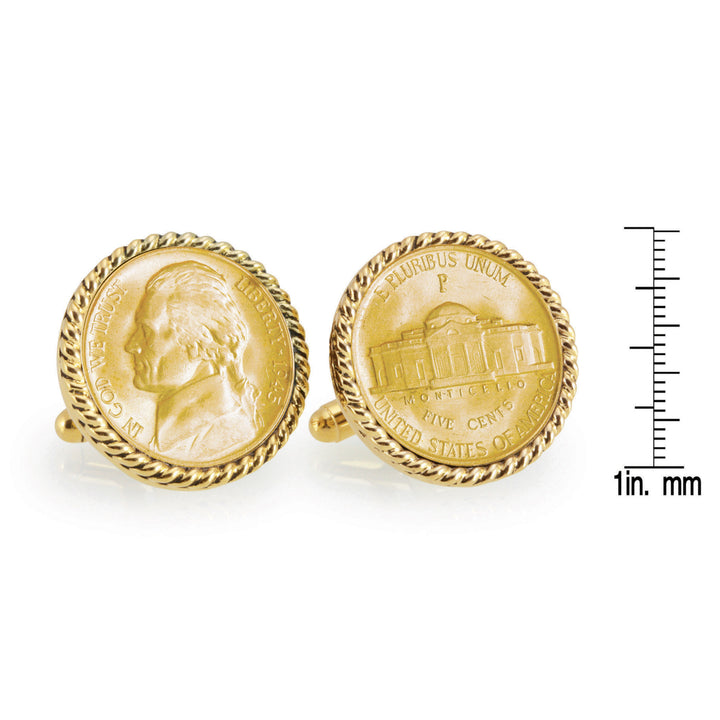 Gold-Layered Silver Jefferson Nickel Wartime Nickel Goldtone Rope Bezel Coin Cuff Links Image 4