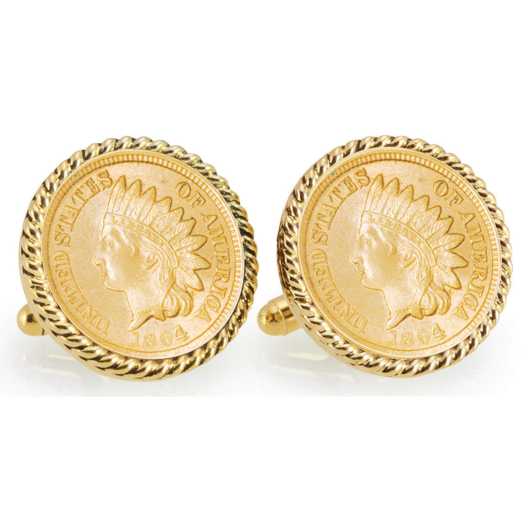 Gold-Layered Civil War Indian Head Penny Goldtone Rope Bezel Coin Cuff Links Image 1