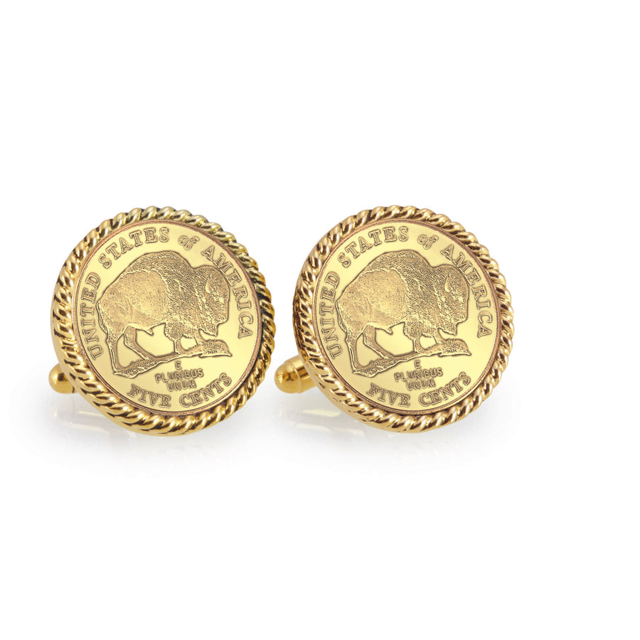 Gold-Layered 2005 Bison Nickel Goldtone Rope Bezel Coin Cuff Links Image 1