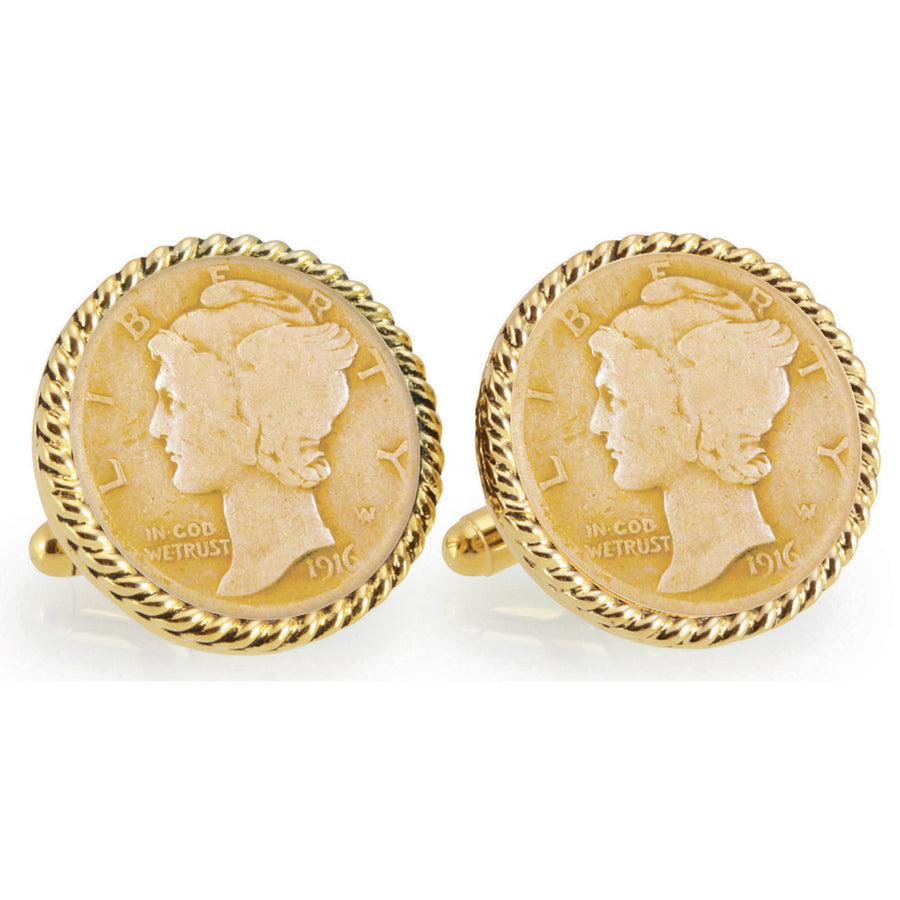 Gold-Layered Silver Mercury Dime Goldtone Rope Bezel Coin Cuff Links Image 1