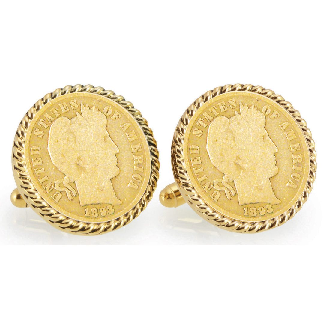 Gold-Layered 1800s Silver Barber Dime Goldtone Rope Bezel Coin Cuff Links Image 1