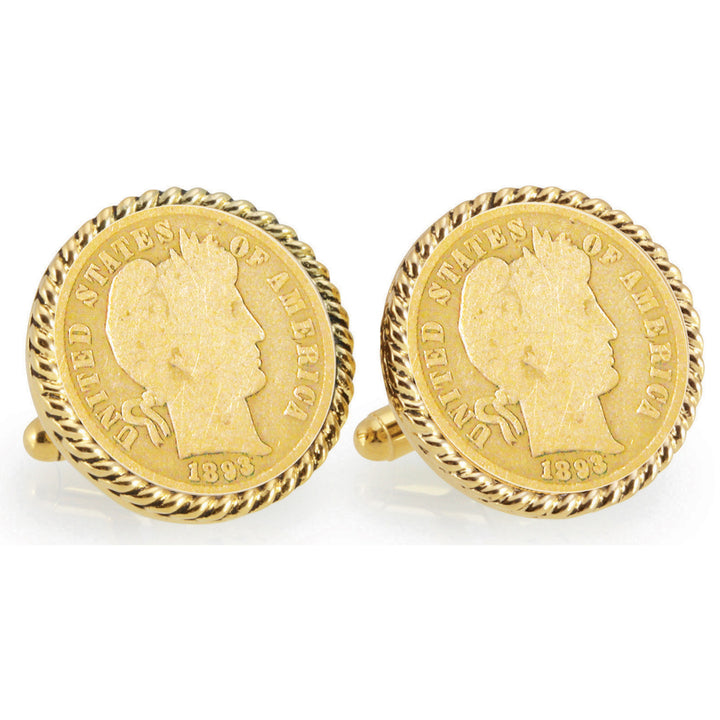 Gold-Layered 1800s Silver Barber Dime Goldtone Rope Bezel Coin Cuff Links Image 1