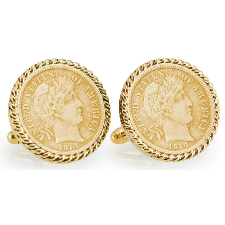 Gold-Layered Silver Barber Dime Goldtone Rope Bezel Coin Cuff Links Image 1