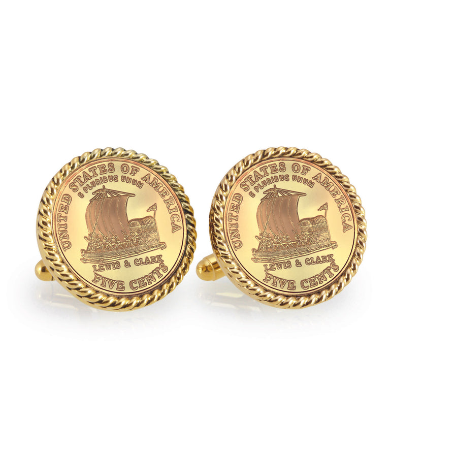 Gold-Layered 2004 Keelboat Goldtone Rope Bezel Coin Cuff Links Image 1