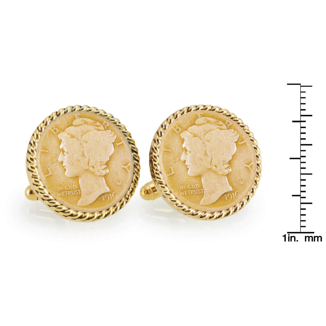 Gold-Layered Silver Mercury Dime Goldtone Rope Bezel Coin Cuff Links Image 4