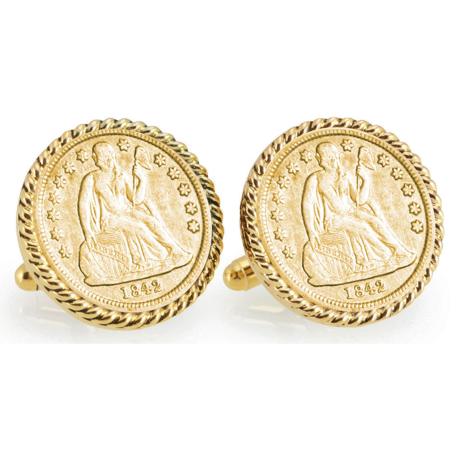 Gold-Layered Seated Liberty Silver Dime Goldtone Rope Bezel Coin Cuff Links Image 1