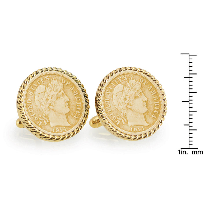 Gold-Layered Silver Barber Dime Goldtone Rope Bezel Coin Cuff Links Image 4