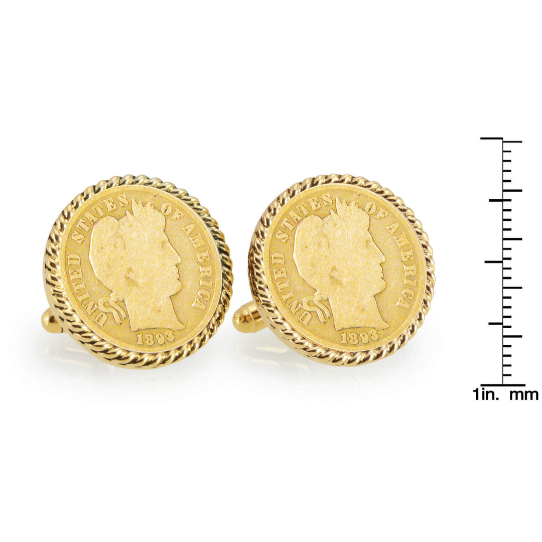 Gold-Layered 1800s Silver Barber Dime Goldtone Rope Bezel Coin Cuff Links Image 4