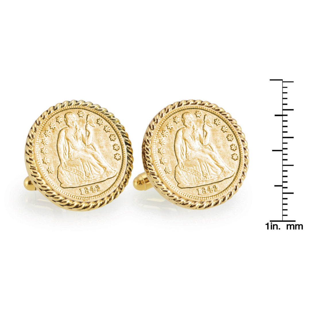 Gold-Layered Seated Liberty Silver Dime Goldtone Rope Bezel Coin Cuff Links Image 4