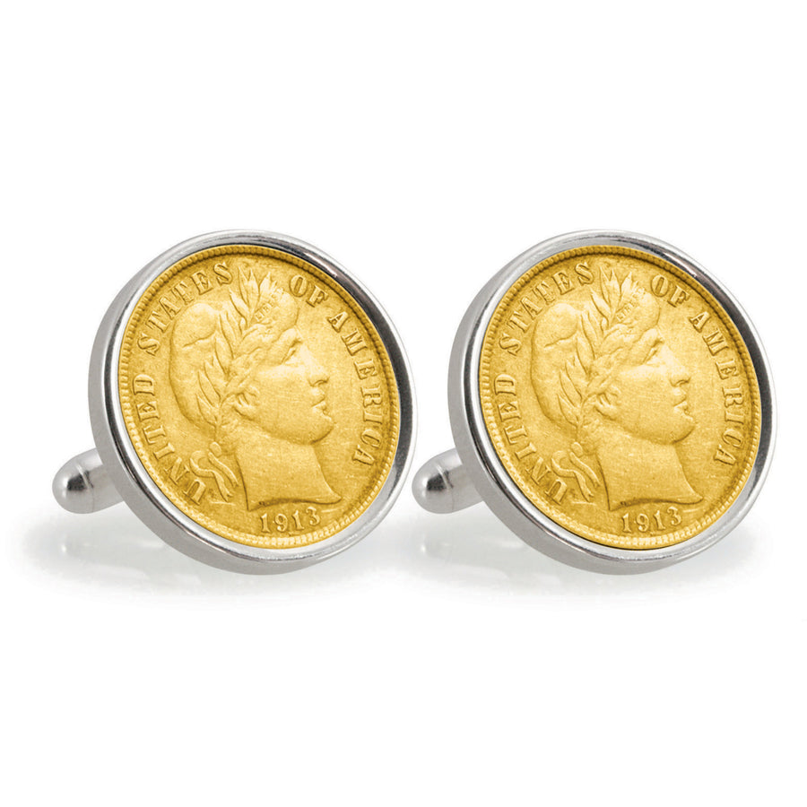 Gold-Layered Silver Barber Dime Sterling Silver Coin Cuff Links Image 1