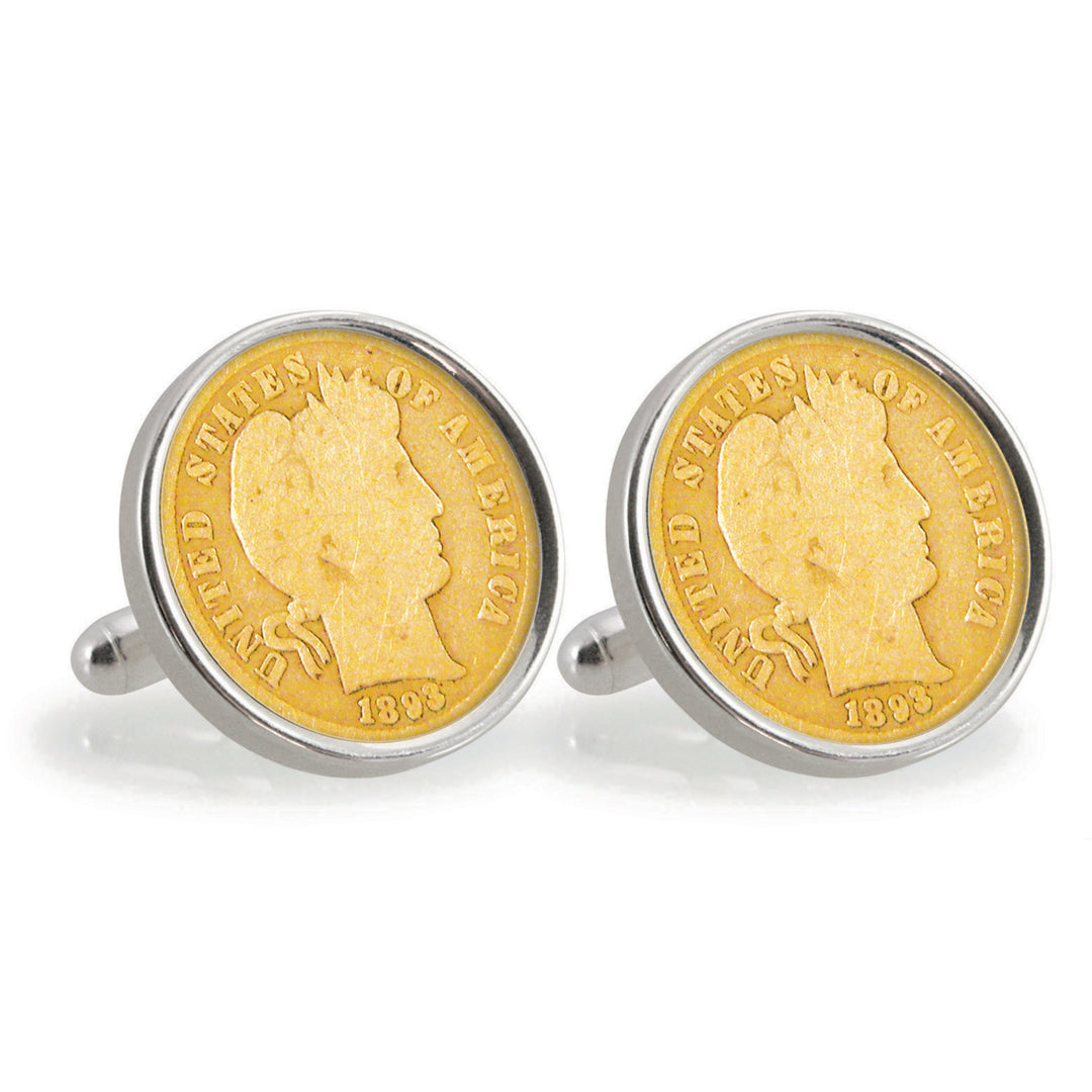 Gold-Layered 1800s Silver Barber Dime Sterling Silver Coin Cuff Links Image 1