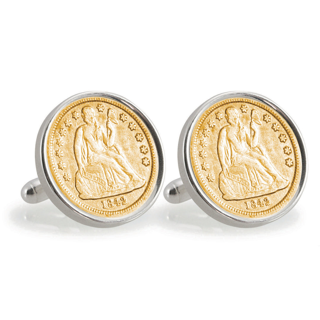 Gold-Layered Seated Liberty Silver Dime Sterling Silver Coin Cuff Links Image 1