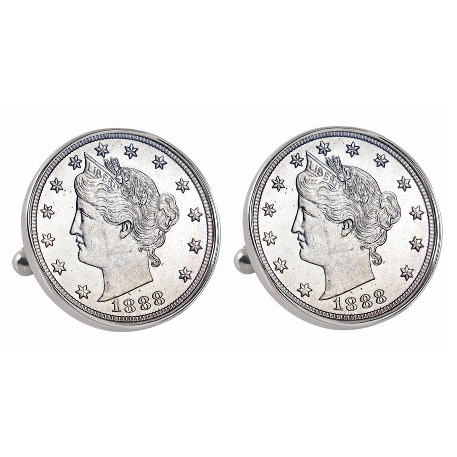 1800s Liberty Nickel Silvertone Bezel Coin Cuff Links Image 1