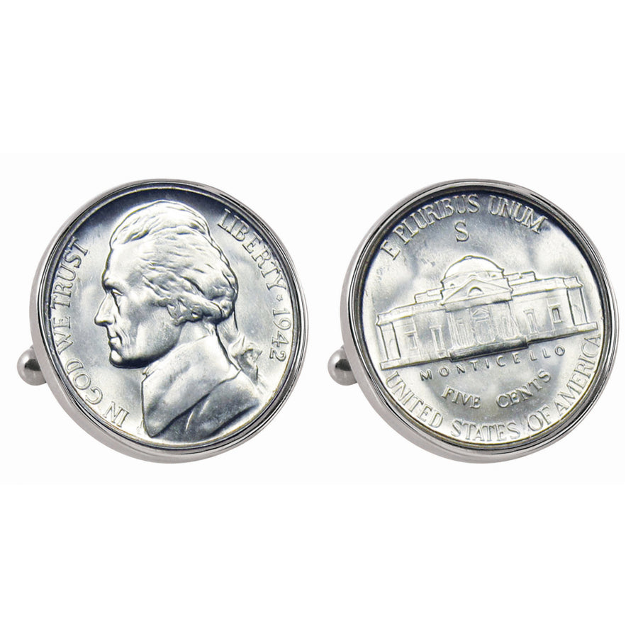 Silver Jefferson Nickel Wartime Nickel Silvertone Bezel Coin Cuff Links Image 1