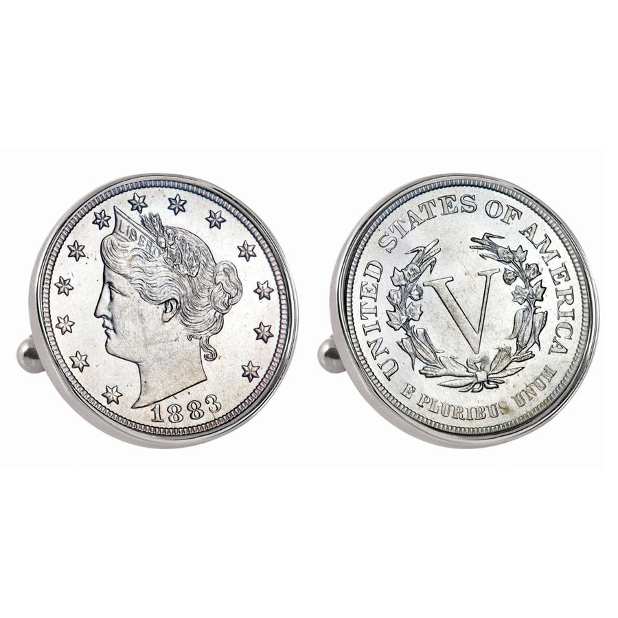 1883 First-Year-of-Issue Liberty Nickel Silvertone Bezel Coin Cuff Links Image 1