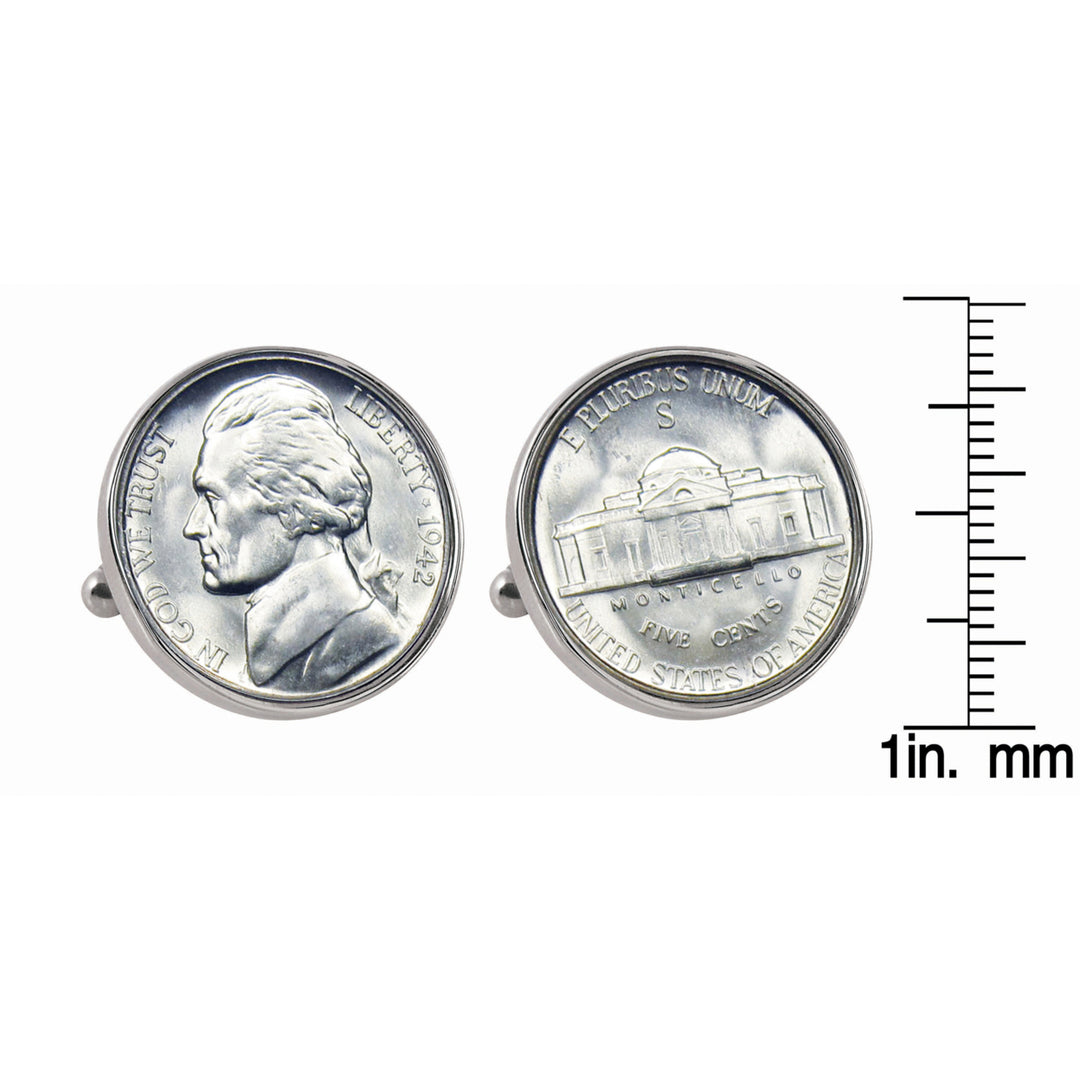 Silver Jefferson Nickel Wartime Nickel Silvertone Bezel Coin Cuff Links Image 2