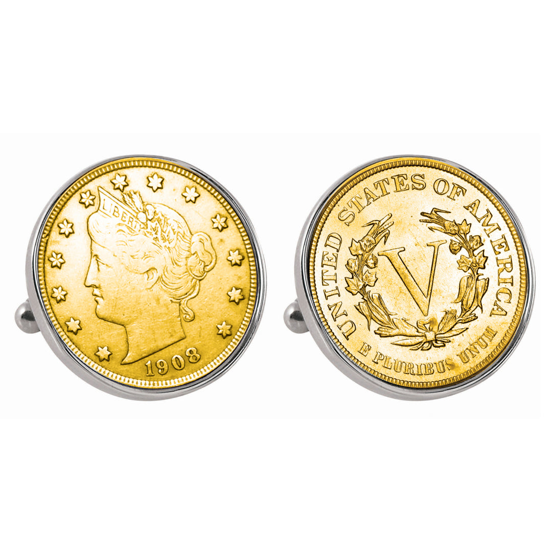 Gold-Layered Liberty Nickel Silvertone Bezel Coin Cuff Links Image 1