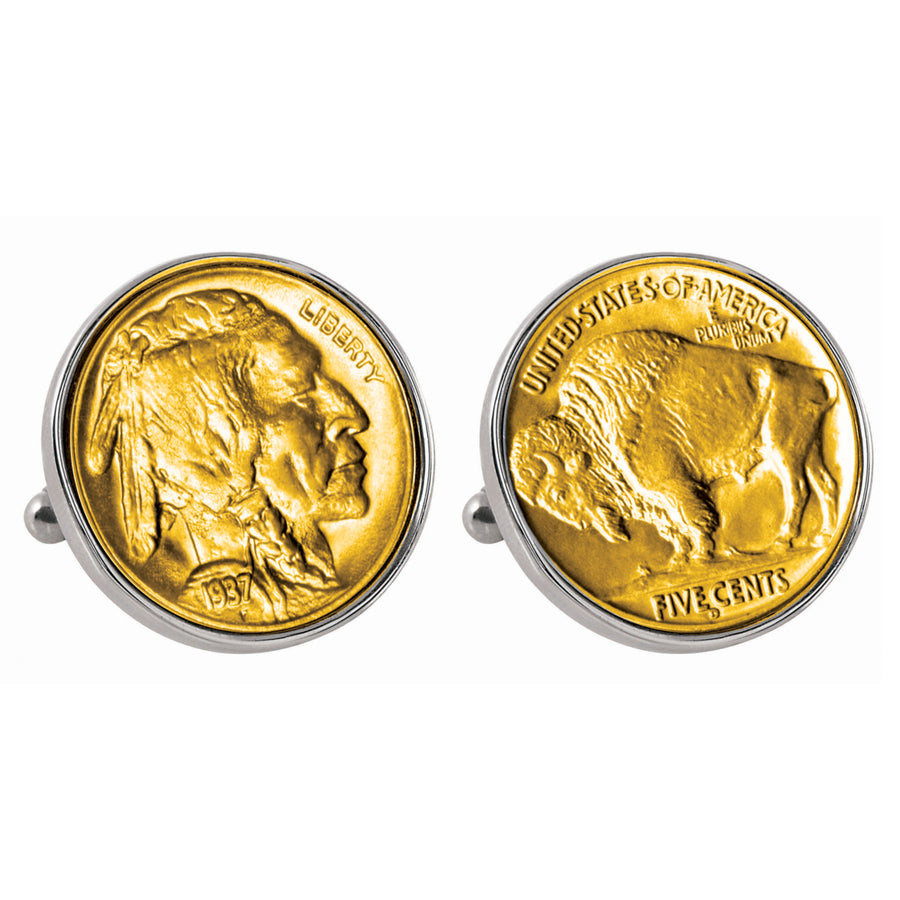 Gold-Layered Buffalo Nickel Silvertone Bezel Coin Cuff Links Image 1