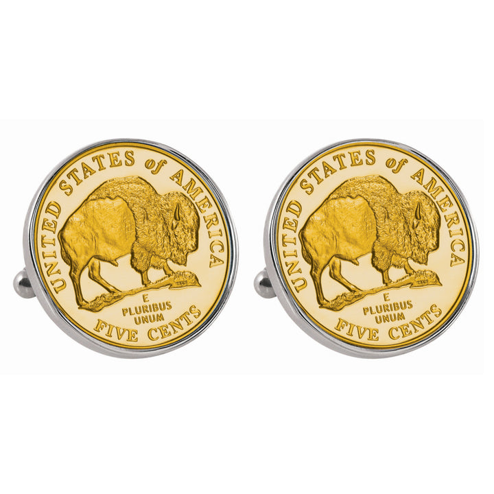 Gold-Layered Westward Journey 2005 Bison Jefferson Nickel Silvertone Bezel Coin Cuff Links Image 1