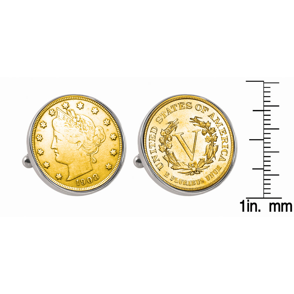 Gold-Layered Liberty Nickel Silvertone Bezel Coin Cuff Links Image 2