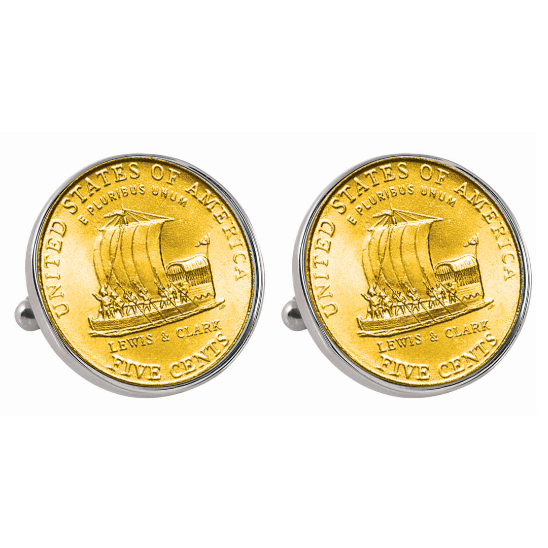 Gold-Layered Westward Journey 2004 Keelboat Jefferson Nickel Silvertone Bezel Coin Cuff Links Image 1