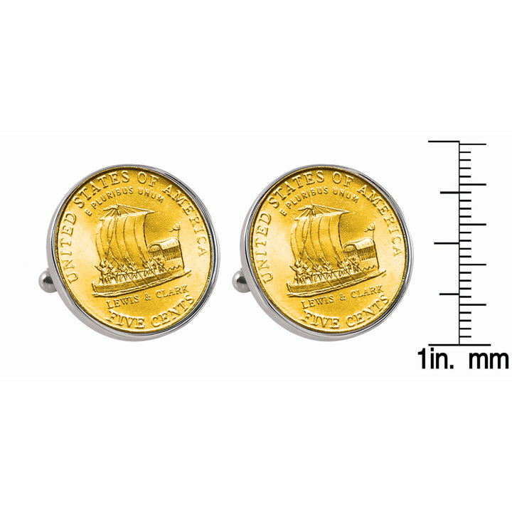 Gold-Layered Westward Journey 2004 Keelboat Jefferson Nickel Silvertone Bezel Coin Cuff Links Image 2