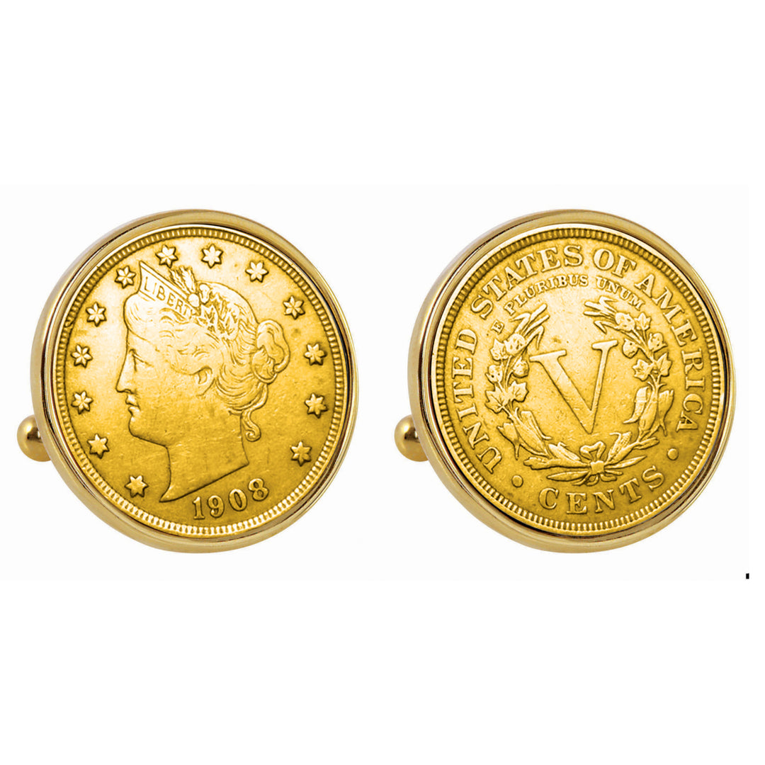 Gold-Layered Liberty Nickel Goldtone Bezel Coin Cuff Links Image 1