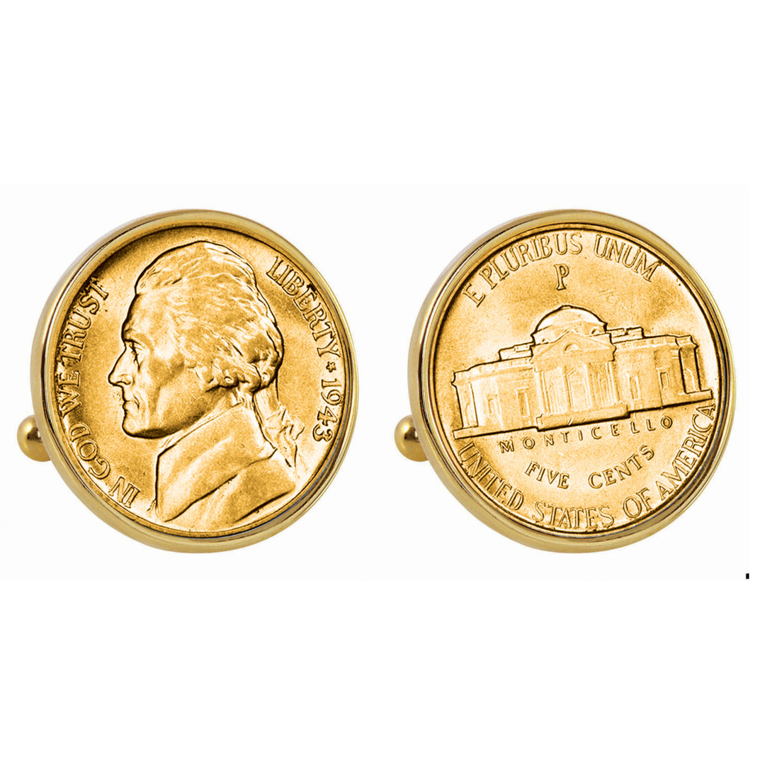 Gold-Layered Silver Jefferson Nickel Wartime Nickel Goldtone Bezel Coin Cuff Links Image 1