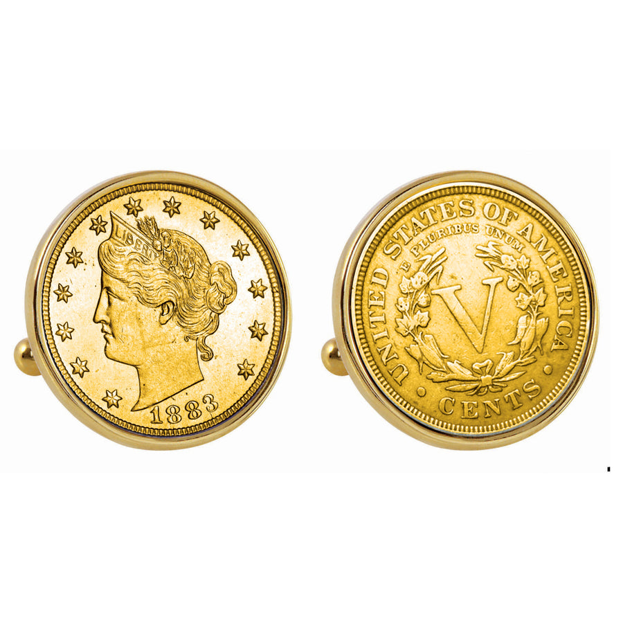 Gold-Layered 1883 First-Year-of-Issue Liberty Nickel Goldtone Bezel Coin Cuff Links Image 1