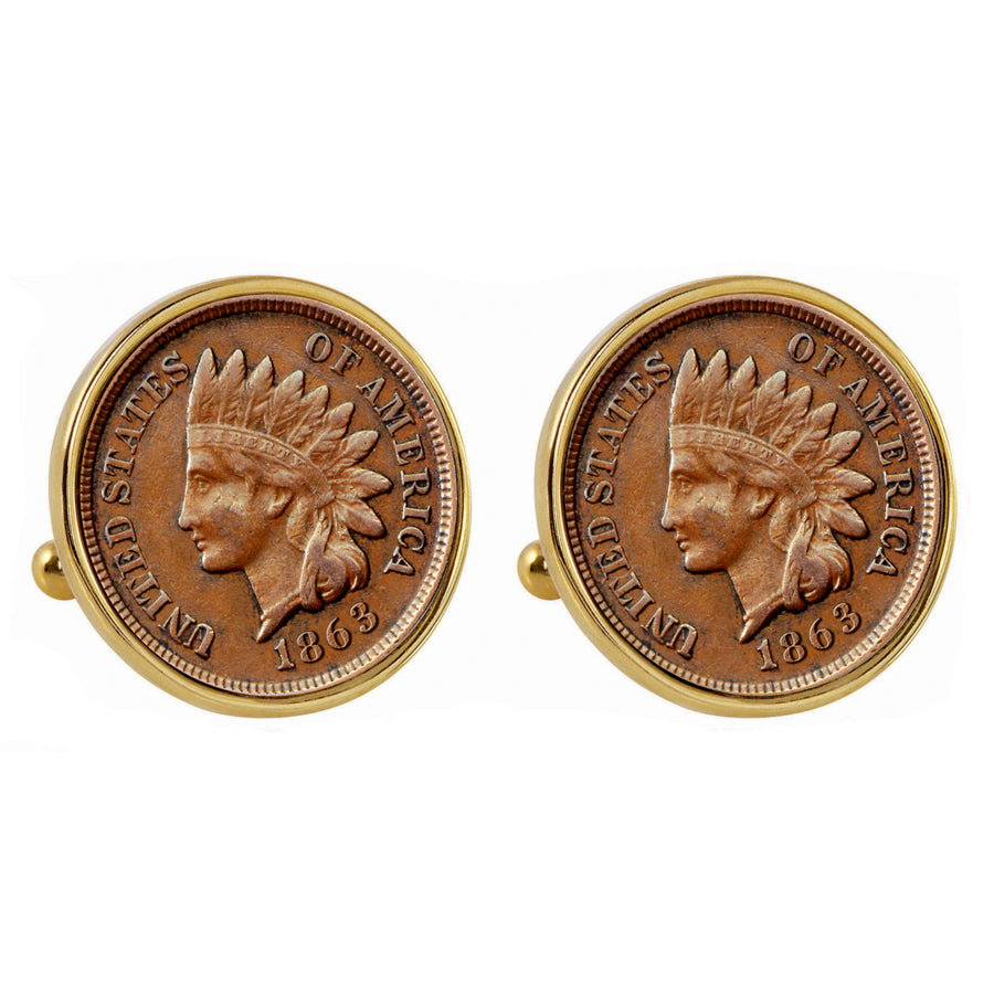1800s Indian Penny Goldtone Bezel Coin Cuff Links Image 1