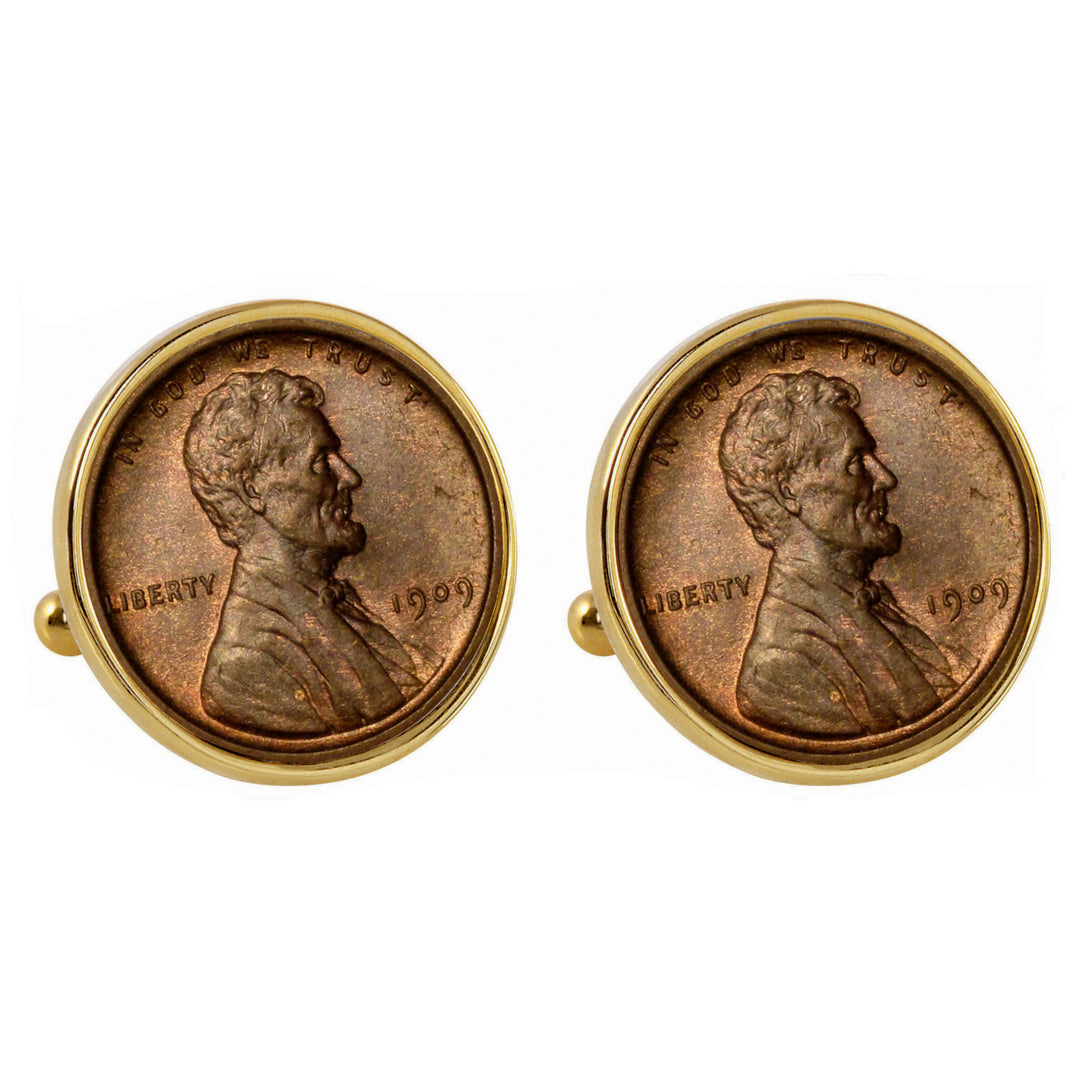 1909 First-Year-of-Issue Lincoln Penny Goldtone Bezel Coin Cuff Links Image 1