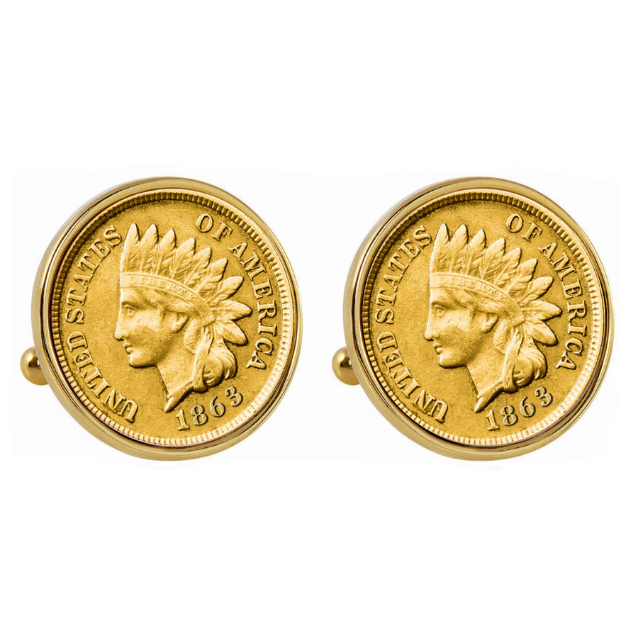 Gold-Layered 1800s Indian Penny Goldtone Bezel Coin Cuff Links Image 1