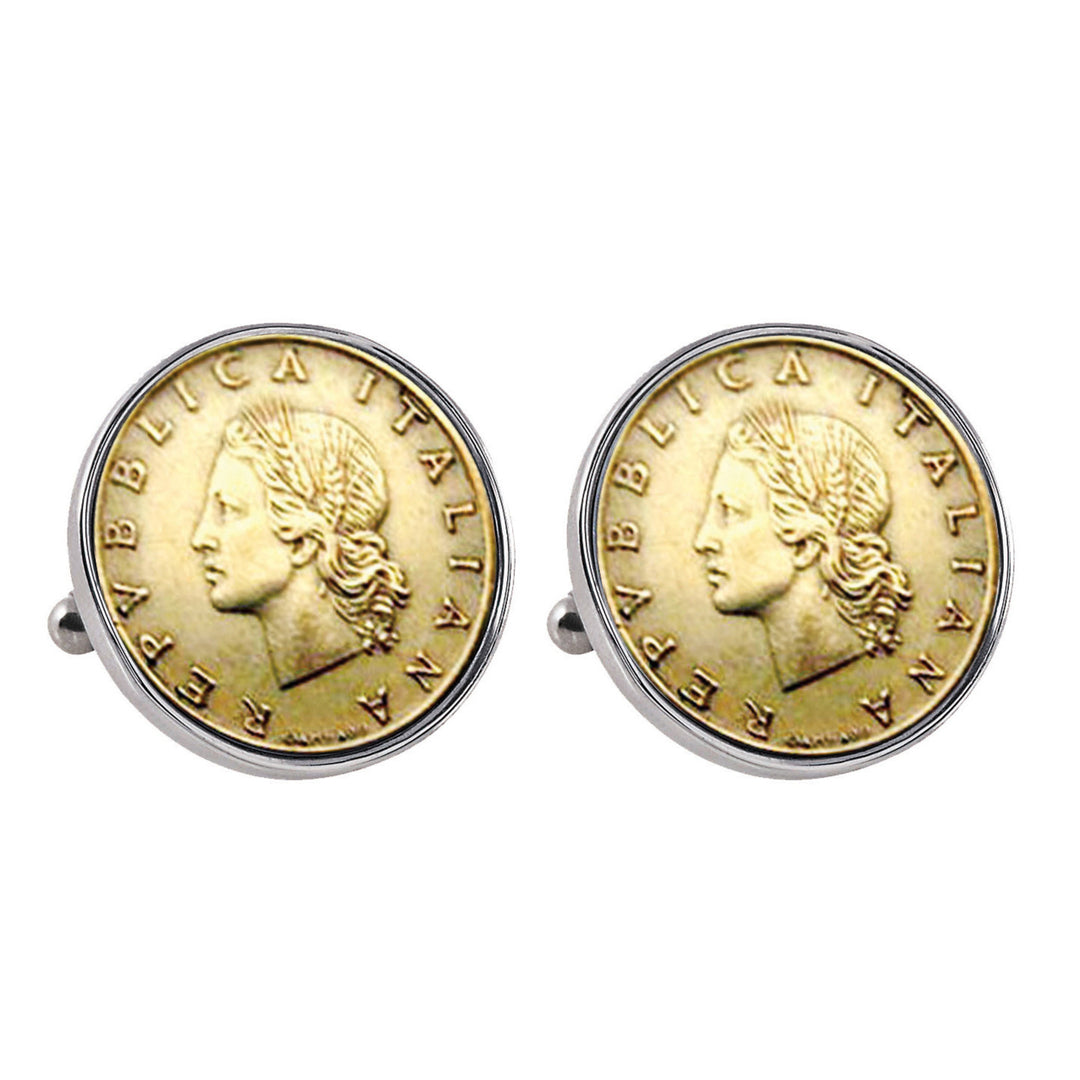 Italian Republic Coin Silvertone Bezel Cuff Links Image 1