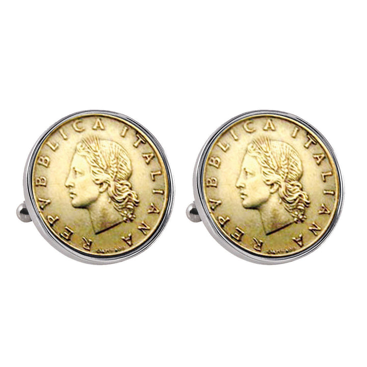 Italian Republic Coin Silvertone Bezel Cuff Links Image 1