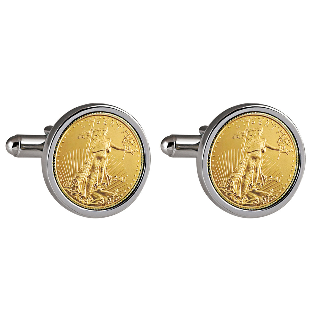 St Gaudens Design Gold Layered Replica American Eagle Coin Silvertone Cufflinks Image 1