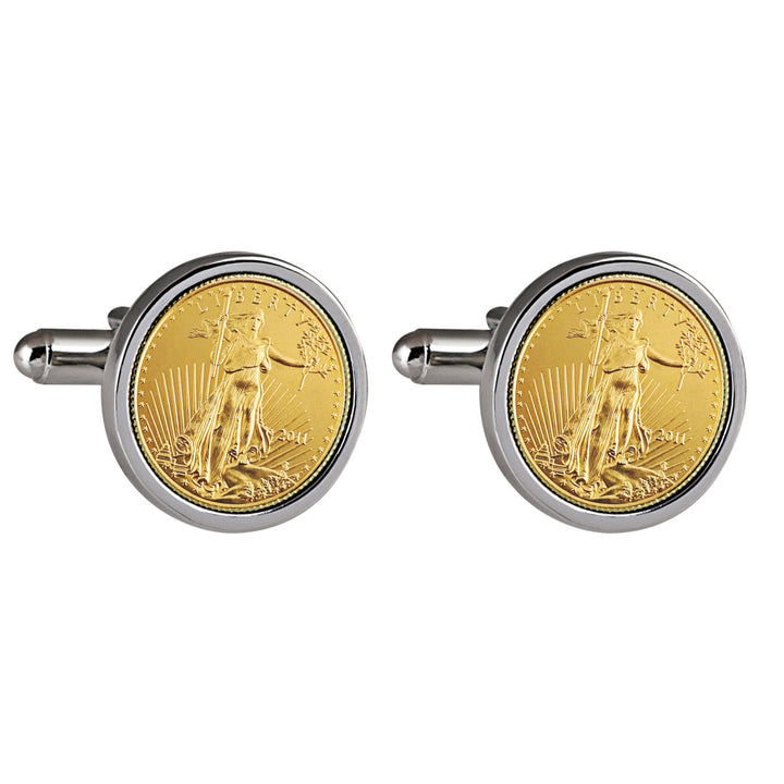 St Gaudens Design Gold Layered Replica American Eagle Coin Silvertone Cufflinks Image 1