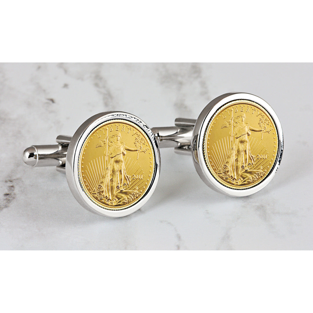 St Gaudens Design Gold Layered Replica American Eagle Coin Silvertone Cufflinks Image 3