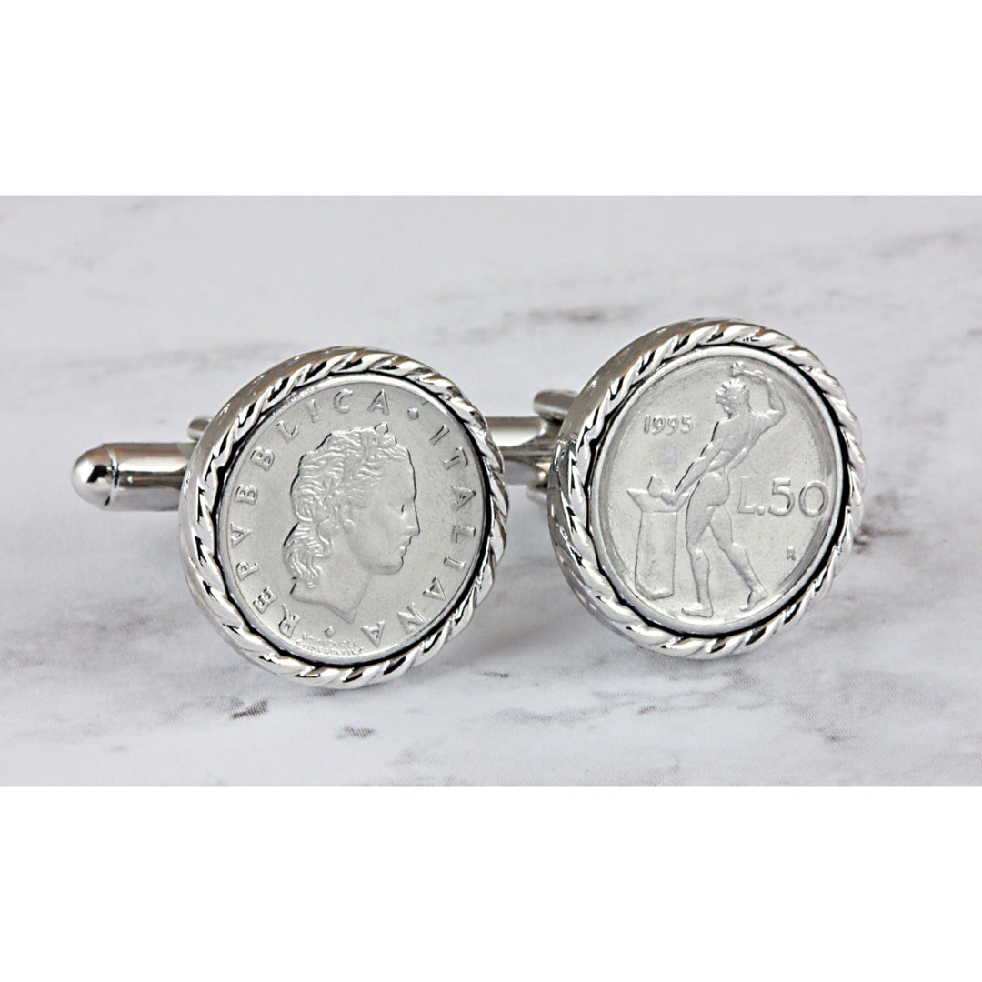 Italian 50 Lire Coin Silvertone Cufflinks Image 3