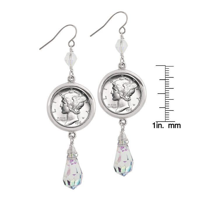 Mercury Dime Crystal Drop Coin Earrings Image 3