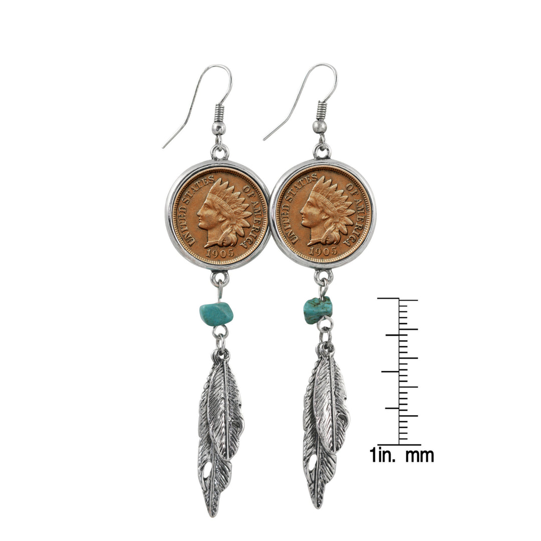 100 Year Old Indian Head Penny Feather Silvertone Coin Earrings Image 3