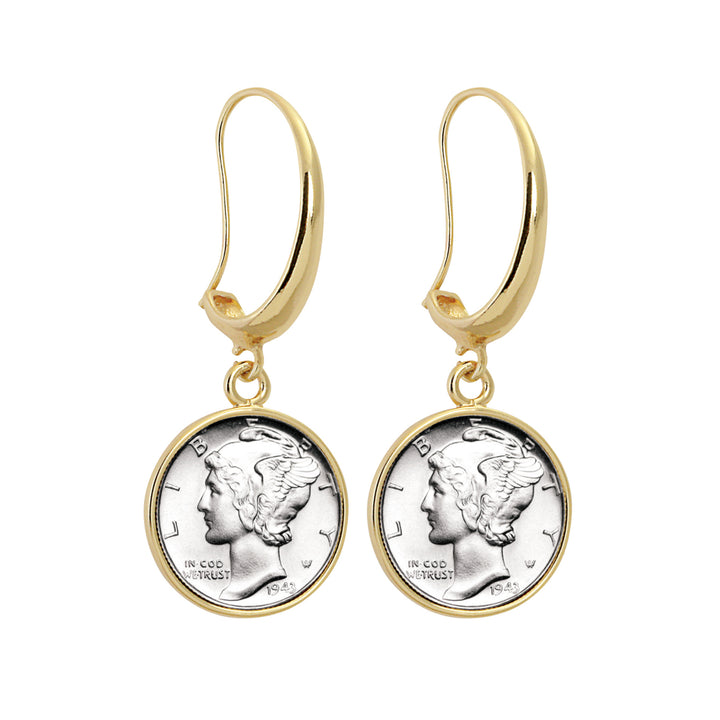 Silver Mercury Dime Gold Tone Coin Earrings Image 1