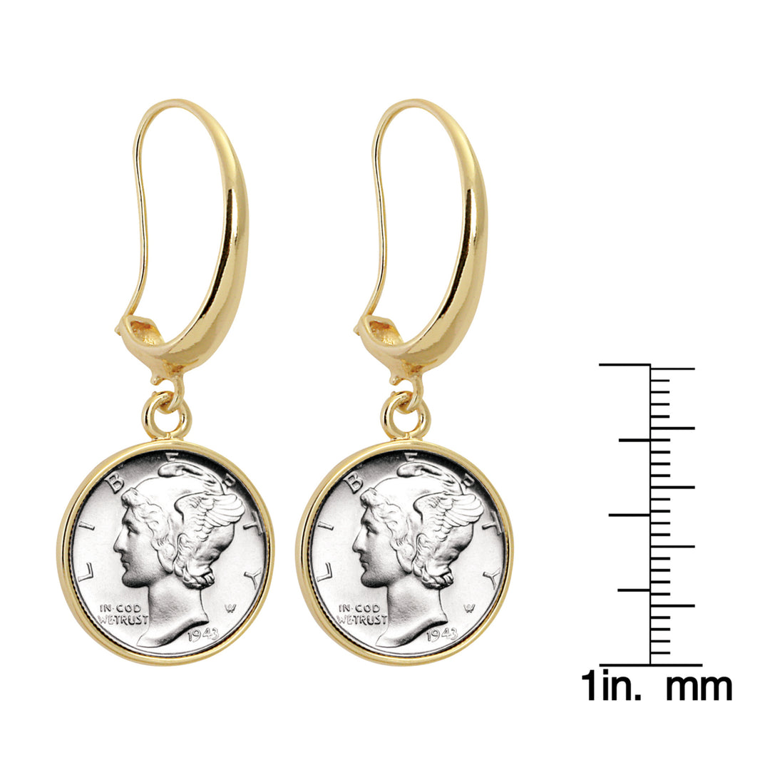 Silver Mercury Dime Gold Tone Coin Earrings Image 3