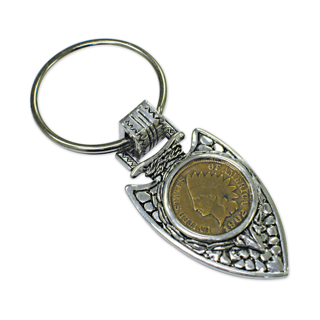 Indian Cent in Silvertone Arrowhead Coin Keyring Image 1