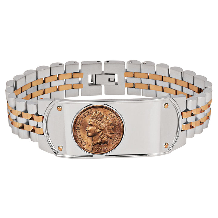 Mens Two-Tone Stainless Steel Bracelet with 1800s Indian Head Penny Coin Image 1