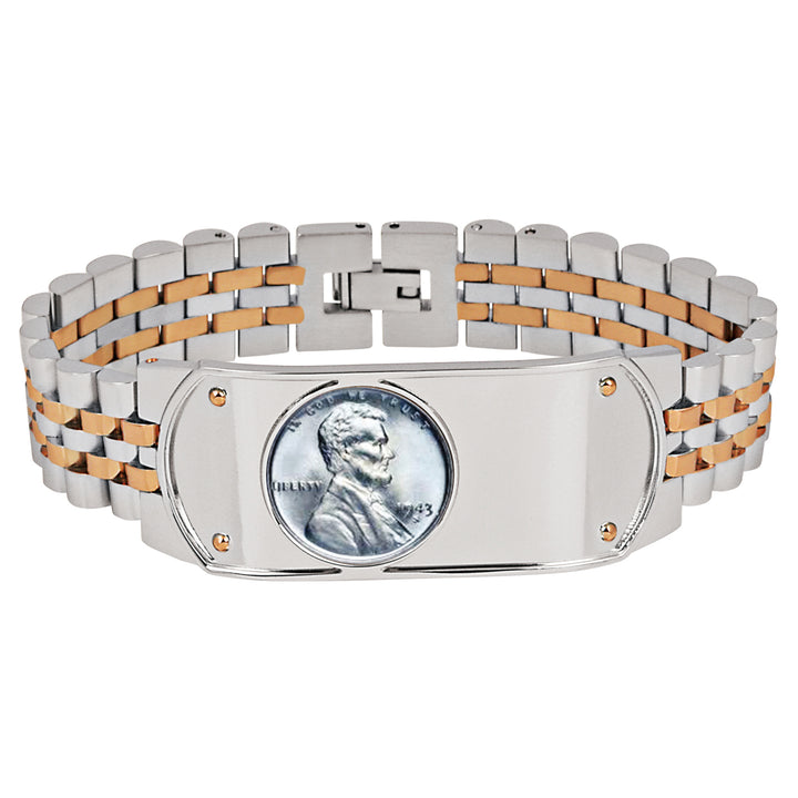 Mens Two-Tone Stainless Steel Bracelet with Lincoln Steel Penny Coin Image 1